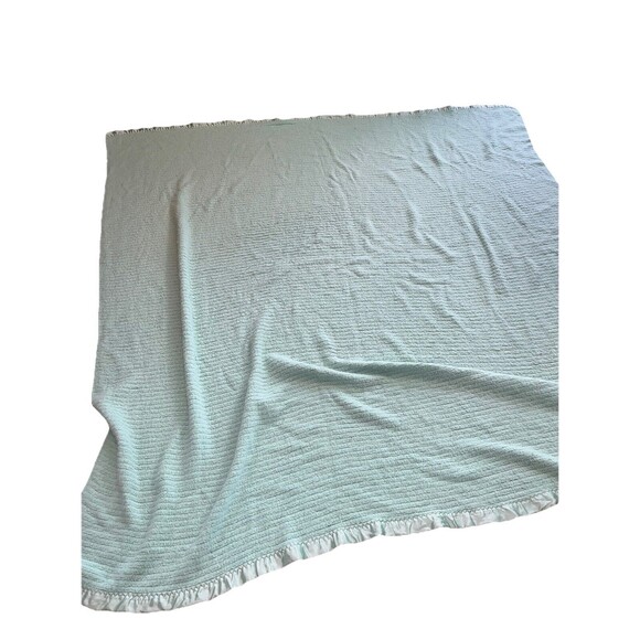Aqua Thermal Blanket Vintage Waffle Weave Teal Nylon Trim 78”x84” Vintage - Picture 3 of 5
